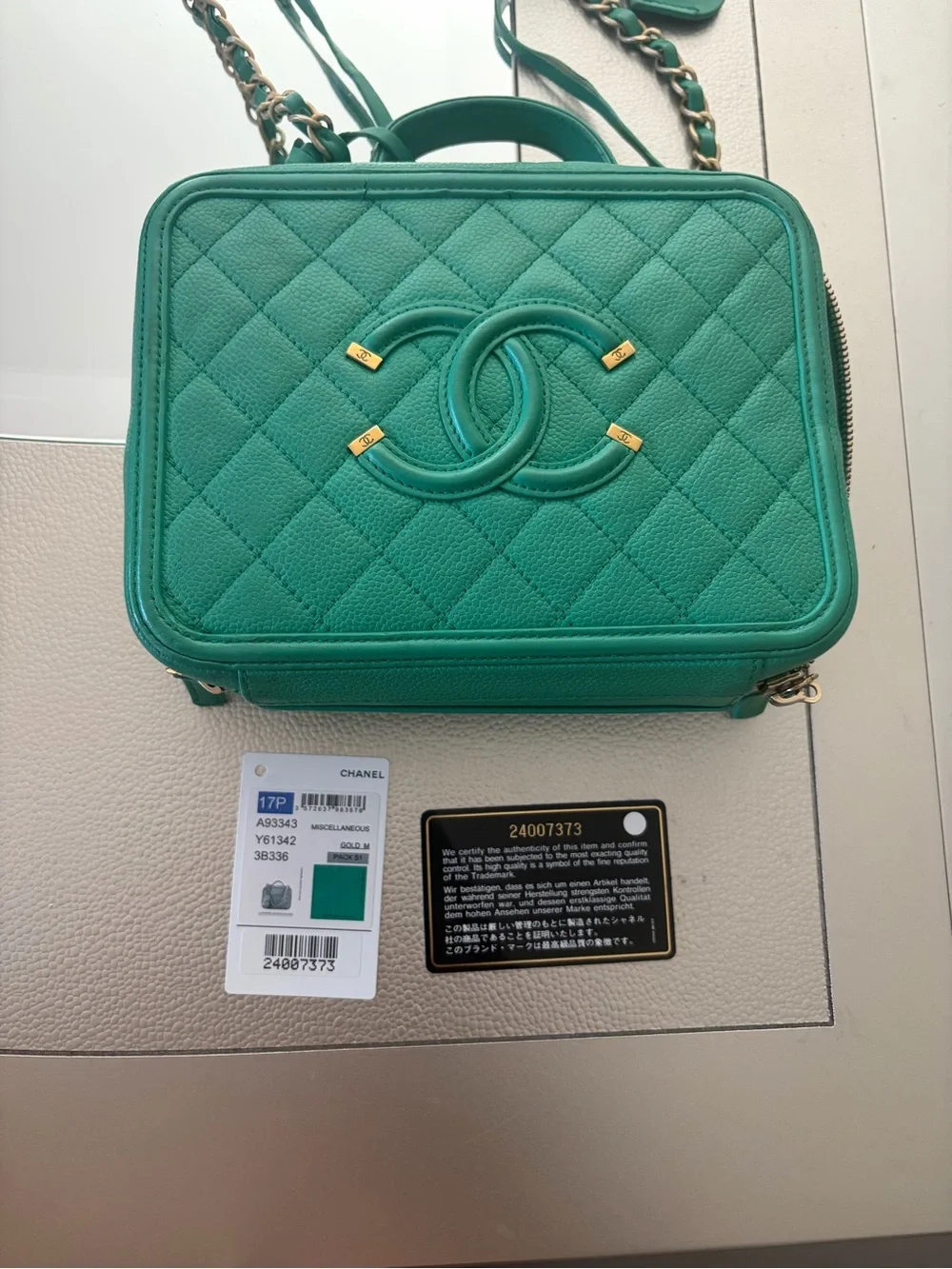 CHANEL GREEN CAVIAR CC FILIGREE MEDIUM VANITY CASE CROSSBODY BAG